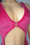 Rose Red Sexy Solid Hollowed Out Patchwork Fold U Neck Sleeveless Two Pieces