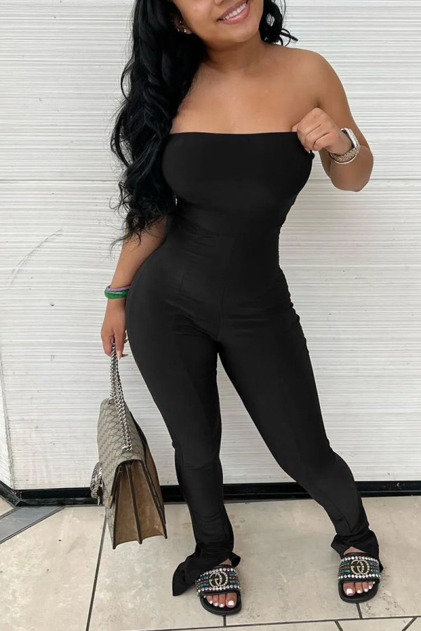 Black Sexy Solid Patchwork Slit Strapless Regular Jumpsuits