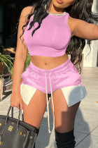 Pink Sexy Solid Split Joint O Neck Sleeveless Two Pieces