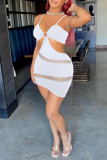 Blue Sexy Solid Patchwork See-through Asymmetrical Spaghetti Strap Pencil Skirt Dresses