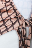 Khaki Sexy Print Bandage Hollowed Out Patchwork Asymmetrical Collar Long Sleeve Two Pieces