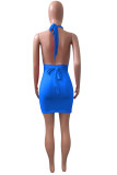 Blue Fashion Sexy Solid Hollowed Out Backless Halter Sleeveless Dress