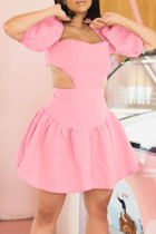 Pink Sweet Solid Hollowed Out Split Joint Square Collar A Line Dresses