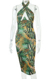 Green Sexy Print Hollowed Out Patchwork Backless Halter Pencil Skirt Dresses