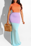 Orange Fashion Casual Solid Patchwork O Neck Short Sleeve Dress Dresses