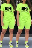Fluorescent Green Fashion Casual Letter Print Basic O Neck Short Sleeve Two Pieces