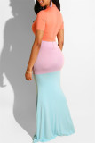 Orange Fashion Casual Solid Patchwork O Neck Short Sleeve Dress Dresses