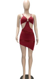 Blue Sexy Solid Patchwork See-through Asymmetrical Spaghetti Strap Pencil Skirt Dresses