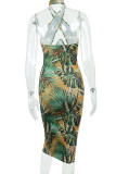 Green Sexy Print Hollowed Out Patchwork Backless Halter Pencil Skirt Dresses