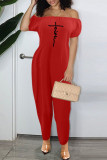 Red Casual Print Patchwork Off the Shoulder Loose Jumpsuits