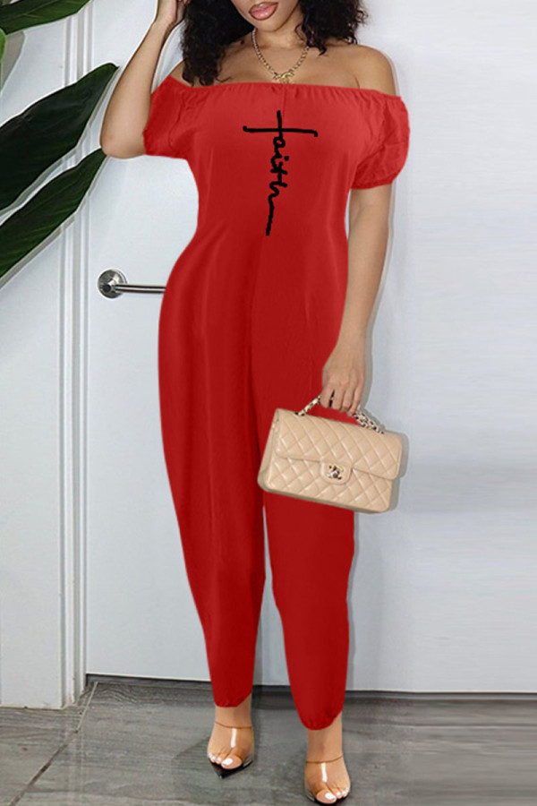 Red Casual Print Patchwork Off the Shoulder Loose Jumpsuits