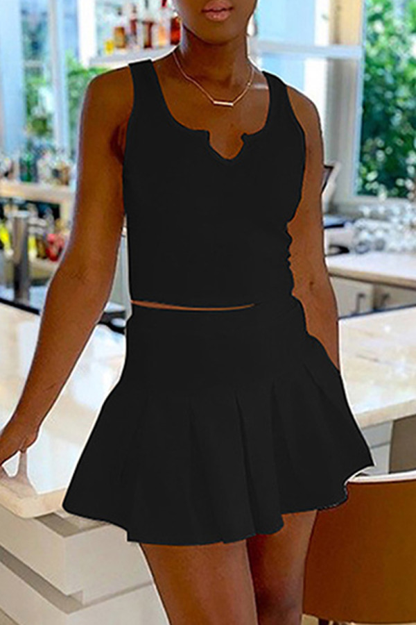 Black Sexy Casual Solid Basic V Neck Sleeveless Two Pieces