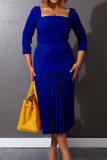 Blue Fashion Casual Solid Split Joint Square Collar Pleated Dresses