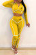 Yellow Fashion Casual Print Patchwork Hooded Collar Long Sleeve Two Pieces