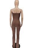 Brown Sexy Solid Patchwork Slit Strapless Regular Jumpsuits