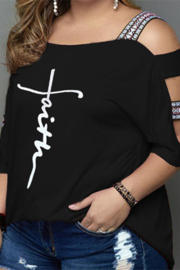 Black Fashion Casual Print Hollowed Out O Neck T-Shirts