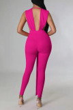 Red Fashion Sexy Solid Patchwork Backless V Neck Skinny Jumpsuits