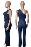 Blue Casual Solid Patchwork Zipper Oblique Collar Straight Jumpsuits