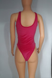 Rose Red Sexy Solid Hollowed Out Patchwork Fold U Neck Sleeveless Two Pieces