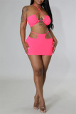 Rose Red Fashion Sexy Solid Hollowed Out Backless Halter Sleeveless Two Pieces