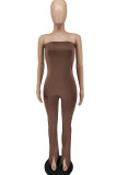 Brown Sexy Solid Patchwork Slit Strapless Regular Jumpsuits