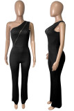Blue Casual Solid Patchwork Zipper Oblique Collar Straight Jumpsuits