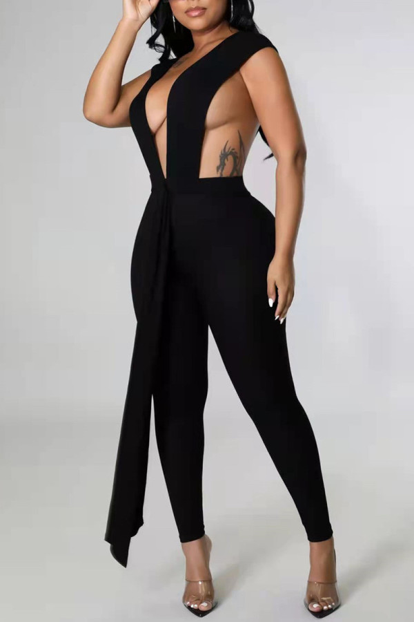 Black Fashion Sexy Solid Patchwork Backless V Neck Skinny Jumpsuits