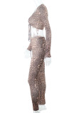 Khaki Sexy Print Bandage Hollowed Out Patchwork Asymmetrical Collar Long Sleeve Two Pieces
