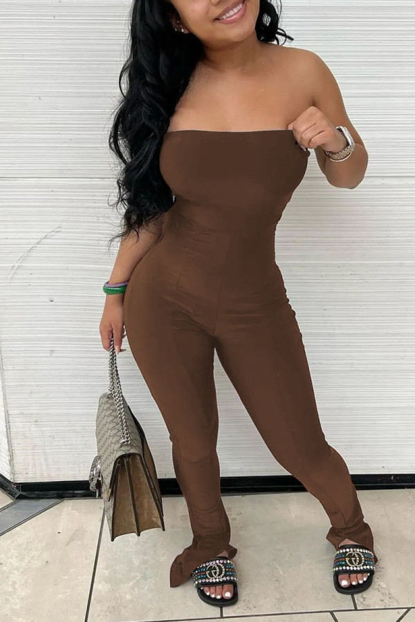 Brown Sexy Solid Patchwork Slit Strapless Regular Jumpsuits