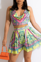 Yellow Fashion Print Backless Strap Design Halter Sleeveless Two Pieces