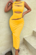 Yellow Sexy Solid Hollowed Out O Neck Pencil Skirt Dresses