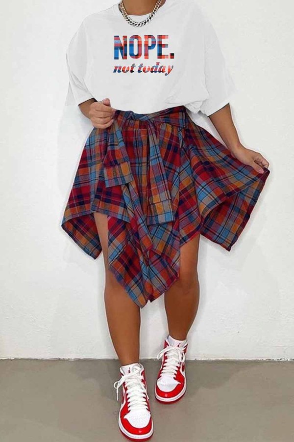 Red Blue Fashion Casual Letter Print Asymmetrical O Neck Short Sleeve Two Pieces