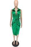 Green Elegant Solid Patchwork Buckle Turndown Collar Straight Dresses