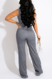 Blue Casual Solid Patchwork Zipper Oblique Collar Straight Jumpsuits