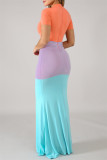 Orange Fashion Casual Solid Patchwork O Neck Short Sleeve Dress Dresses