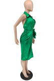 Green Elegant Solid Patchwork Buckle Turndown Collar Straight Dresses