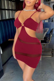 Blue Sexy Solid Patchwork See-through Asymmetrical Spaghetti Strap Pencil Skirt Dresses