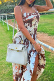 Light Brown Sexy Print Patchwork Backless Spaghetti Strap Straight Dresses