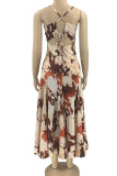 Light Brown Sexy Print Patchwork Backless Spaghetti Strap Straight Dresses