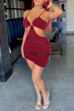 Blue Sexy Solid Patchwork See-through Asymmetrical Spaghetti Strap Pencil Skirt Dresses
