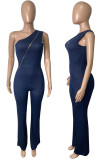 Blue Casual Solid Patchwork Zipper Oblique Collar Straight Jumpsuits