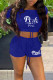 Blue Sexy Print Patchwork Short Sleeve Two Pieces