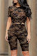 Orange Fashion Casual Camouflage Print Basic O Neck Short Sleeve Two Pieces