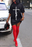 Black Red Fashion Casual Print Basic O Neck Short Sleeve Dress