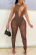 Brown Sexy Solid Hollowed Out Split Joint See-through Fold O Neck Regular Jumpsuits
