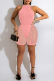 Pink Sexy Solid Mesh Cold Shoulder Sleeveless Two Pieces