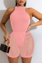 Pink Sexy Solid Mesh Cold Shoulder Sleeveless Two Pieces