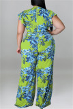 Yellow Fashion Casual Print With Belt V Neck Plus Size Two Pieces