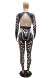 Black Fashion Casual Print Basic O Neck Skinny Jumpsuits