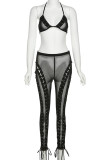 White Sexy Solid Bandage Patchwork See-through Halter Sleeveless Two Pieces
